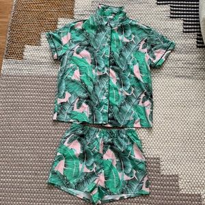 PJ SET super cute pink and green leaves